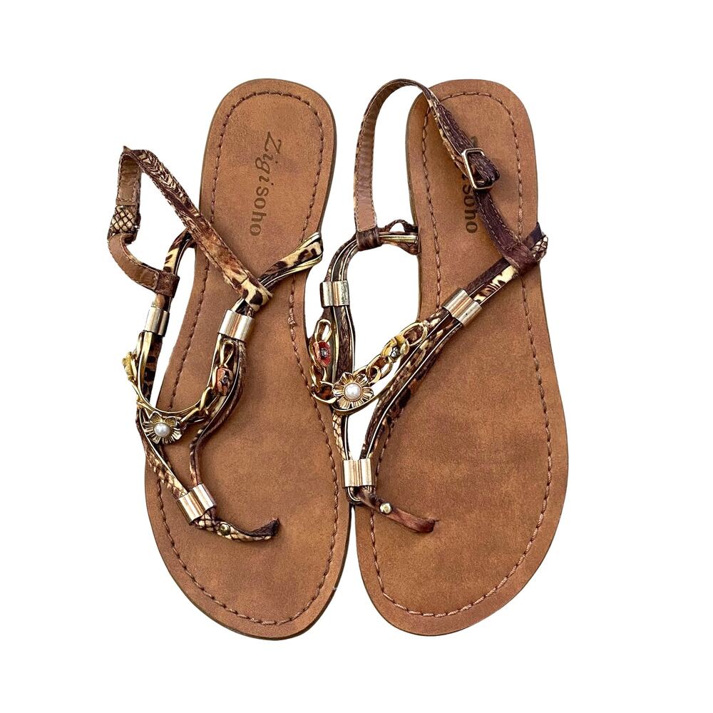 Zigzsoho Brown Leather Embellished T-Strap Sandals with Gold & Pearl Details